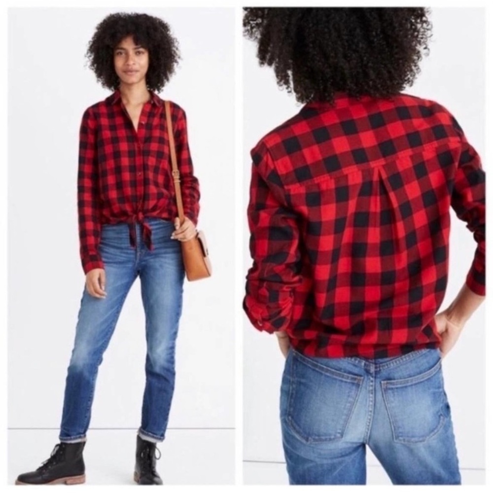 MADEWELL Women’s Sasha Red and Black Buffalo Check Tie Front Flannel Shirt Large